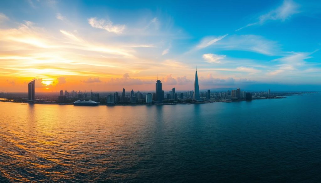 Panoramic view of Manila Bay with cityscape and sunset