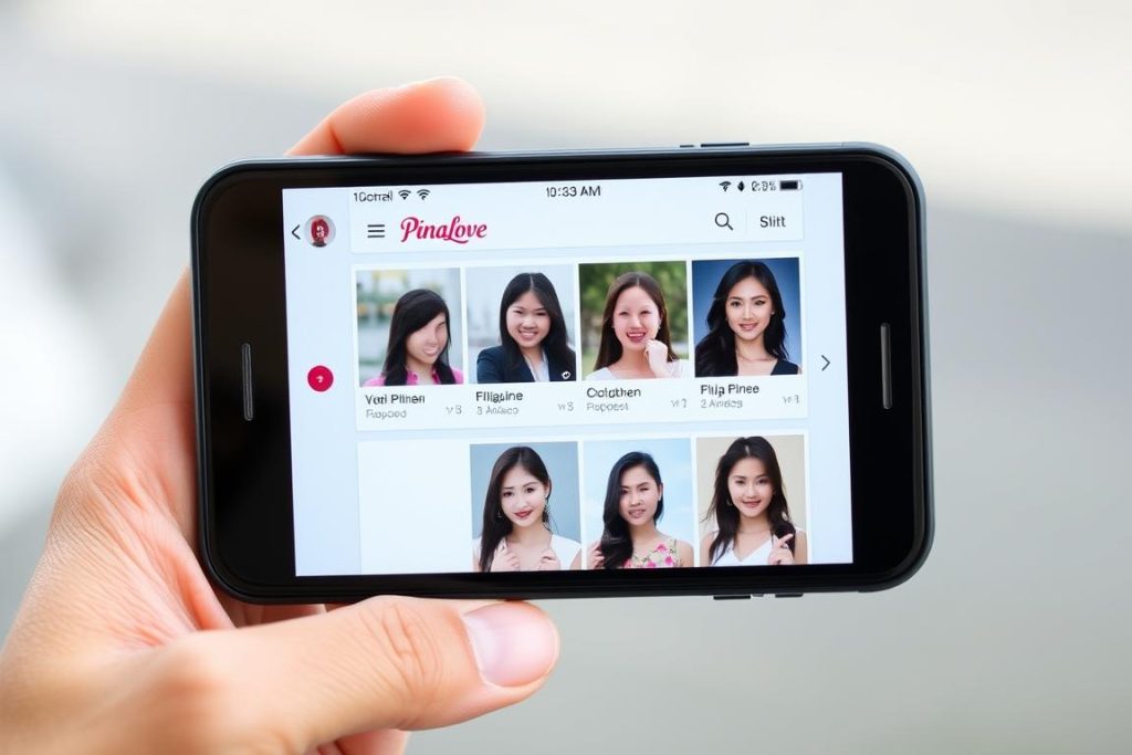 PinaLove dating app interface showing profiles of Filipino women
