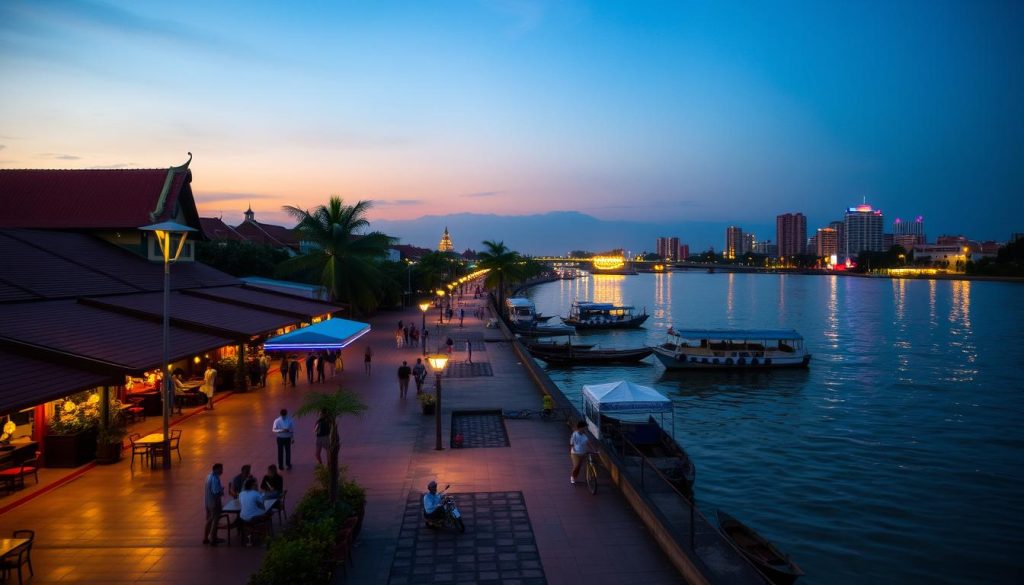 Riverside area of Phnom Penh with cafes and promenades