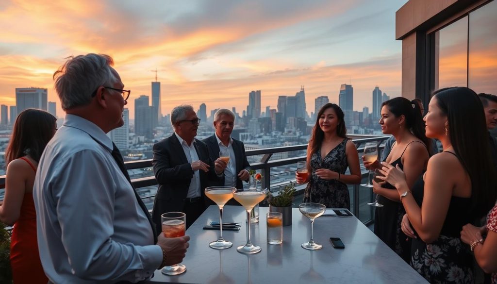 Rooftop bar in Bangkok with skyline view and people socializing