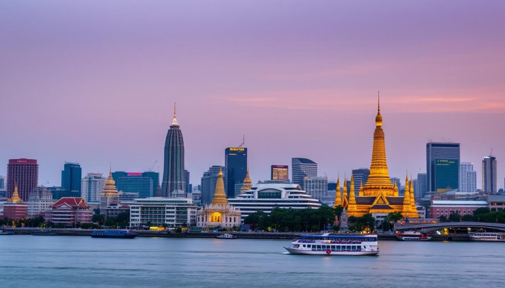 Scenic view of Bangkok skyline with temples and modern buildings