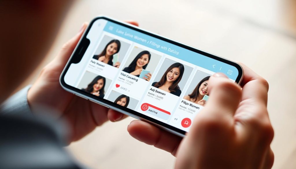 Screenshot of dating app interface showing profiles of younger Filipino women