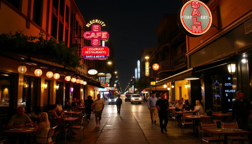 Street scene in Angeles City at night with restaurants and bars