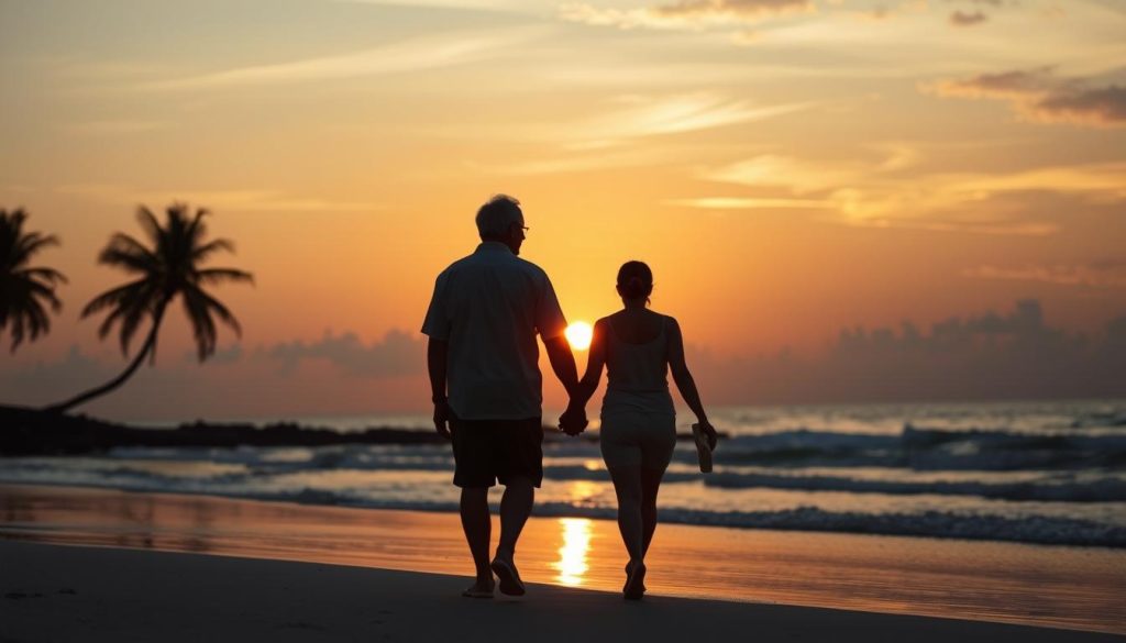 Sunset beach scene with couple walking on shore in Southeast Asia