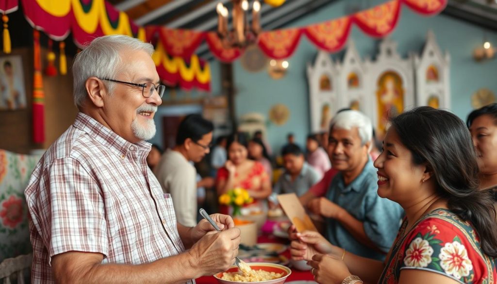 Western man attending traditional Filipino fiesta celebration with partner's family