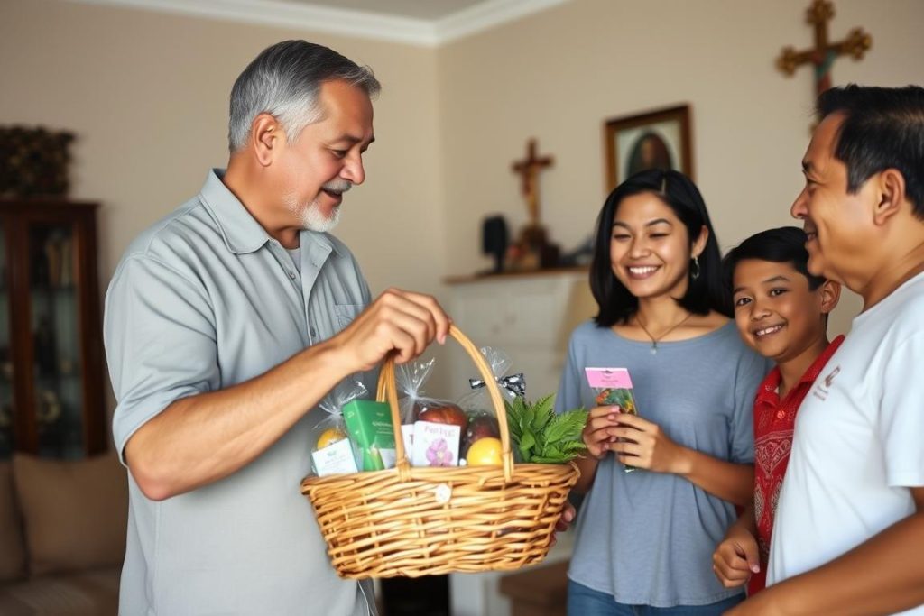 Western man bringing pasalubong (gifts) to a Filipino family in Manila
