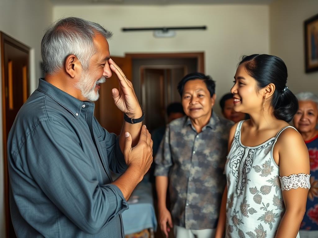 Western man meeting a Filipina's family for the first time, performing the 'mano po' greeting