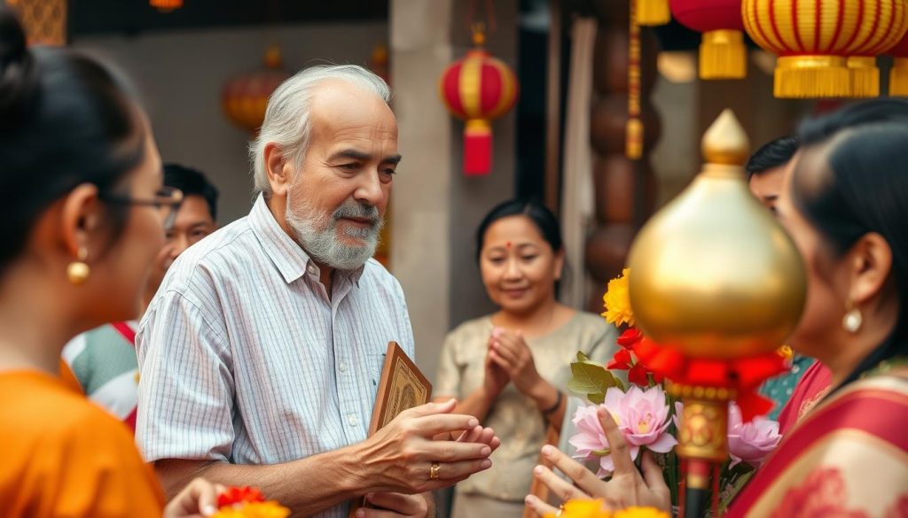 Western man participating in a traditional Southeast Asian cultural ceremony