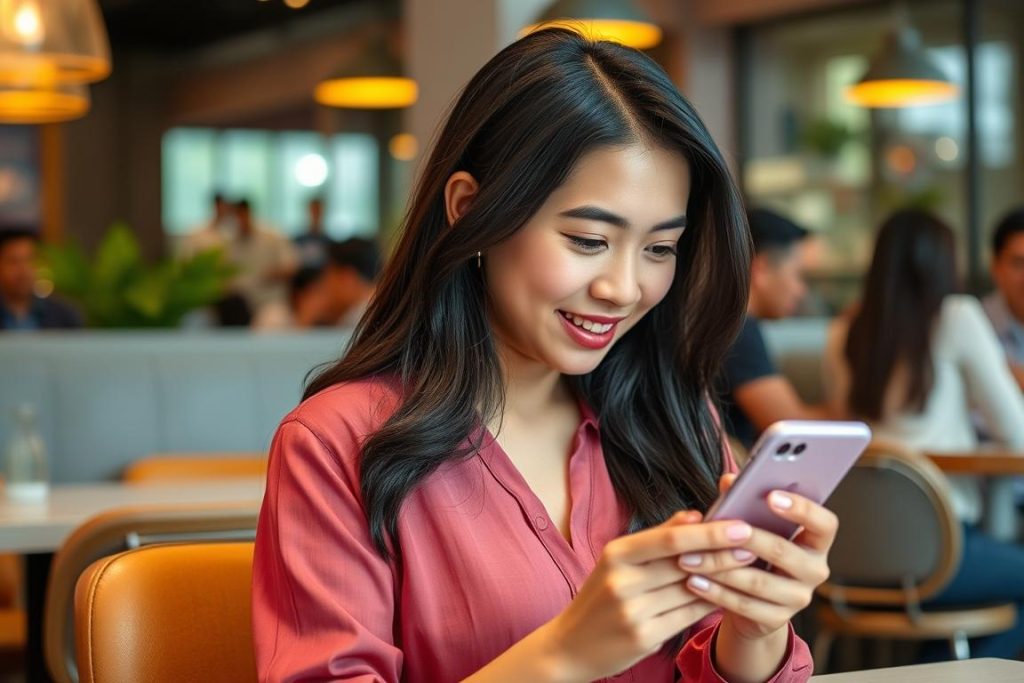Young Filipina using dating app on smartphone in Manila cafe